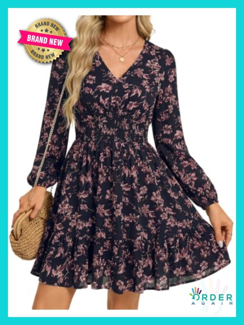 Long Sleeve Mini Dress V-Neck Smocked Waist A-Line Chiffon Floral